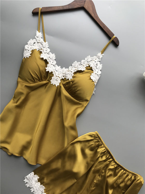 Breathable Frauen-Pyjamas Sleepwear-Satin-zweiteiliger Spitze-Wäsche-Satz-V-Ausschnitt
