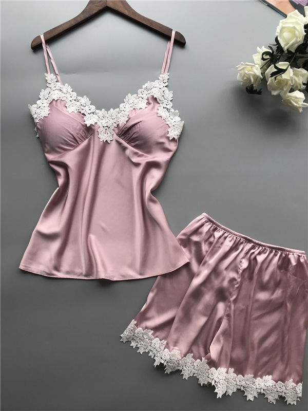Breathable Frauen-Pyjamas Sleepwear-Satin-zweiteiliger Spitze-Wäsche-Satz-V-Ausschnitt